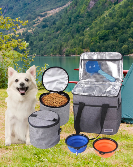 Dog with pet food and travel accessories in a scenic outdoor setting