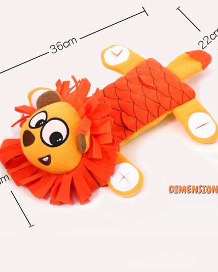 Plush toy with dimensions labeled on a white background