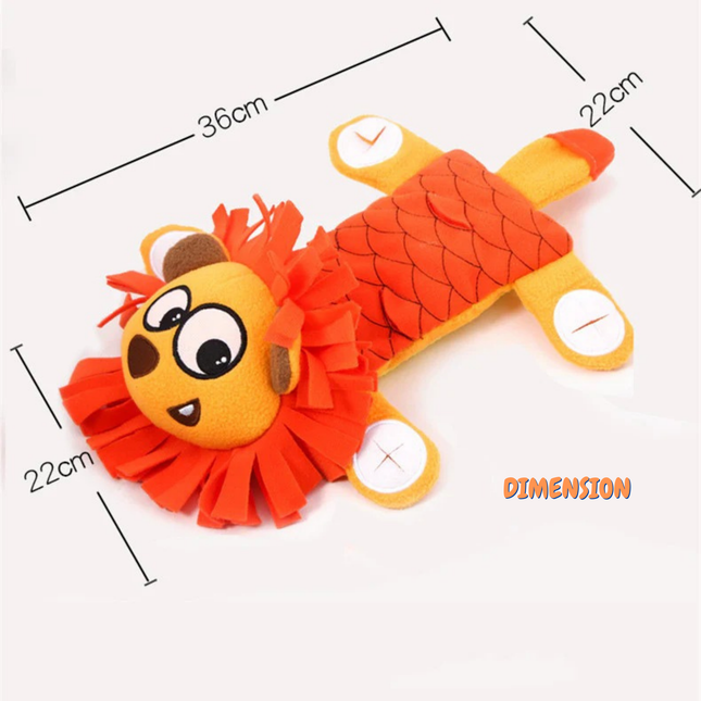 Plush toy with dimensions labeled on a white background