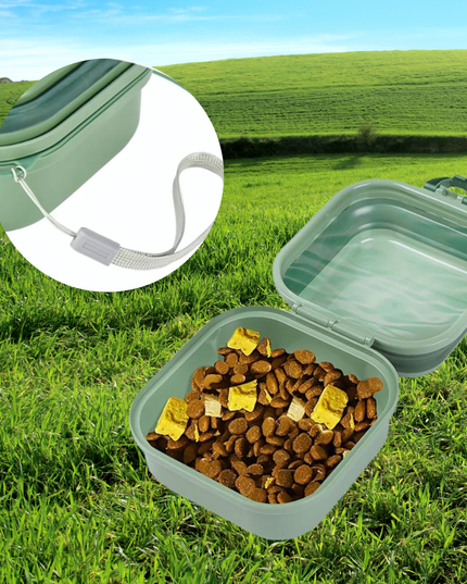 Collapsible pet food container with pet food on grass