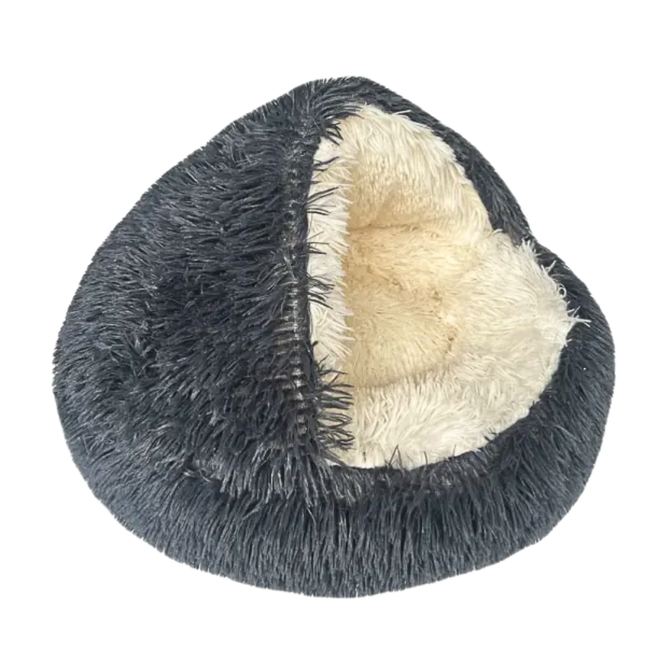Dark gray fuzzy ear muffs with beige interior on a white background