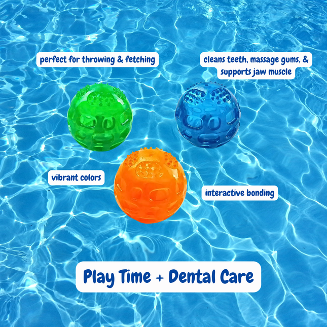 Three colorful dog toys in water with text describing their features.