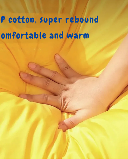 Hand on a yellow surface with text about PP cotton and comfort.