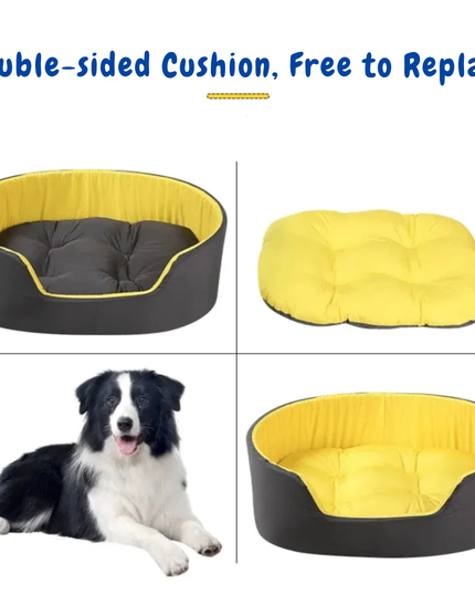 Dog bed with yellow and black sides, showing both sides and a dog lying on it.