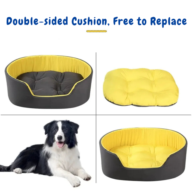 Dog bed with yellow and black sides, showing both sides and a dog lying on it.