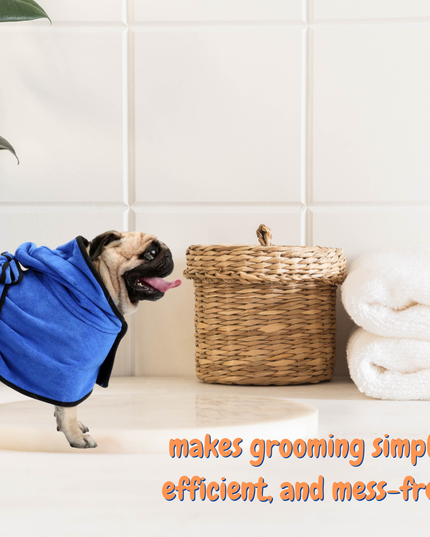 Dog wearing a blue grooming cape in a bathroom setting with text overlay.