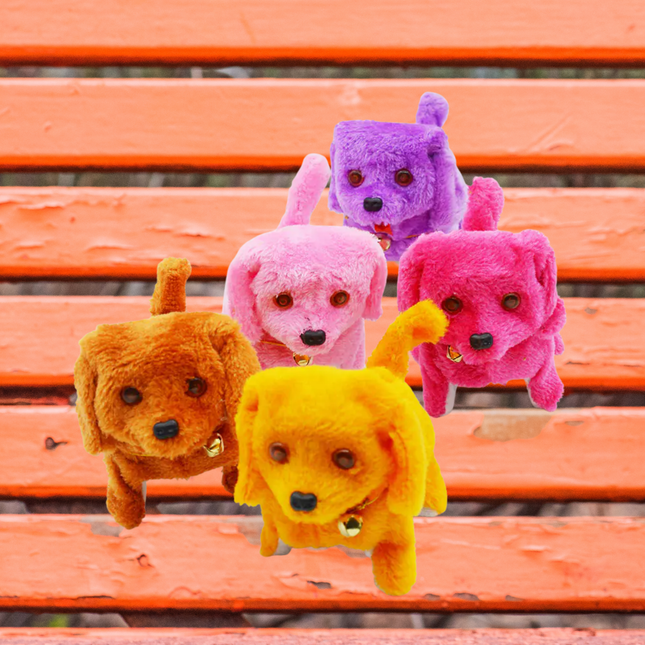 Five colorful plush dog toys on a wooden bench
