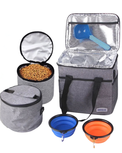 Pet travel set with insulated cooler bag, food container, and collapsible bowls on a white background