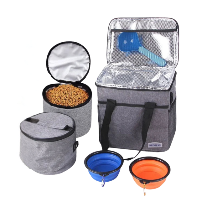 Pet travel set with insulated cooler bag, food container, and collapsible bowls on a white background