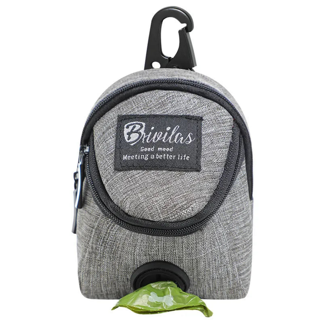 Gray pouch with a carabiner and visible branding on a white background