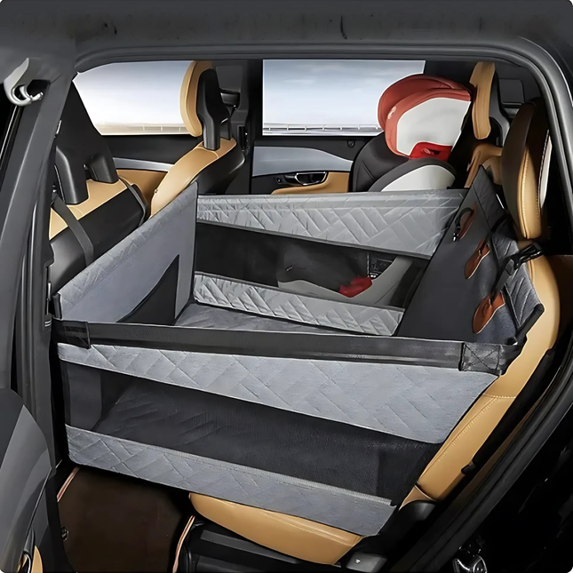 Pet dog car seat in a vehicle with beige and black interior