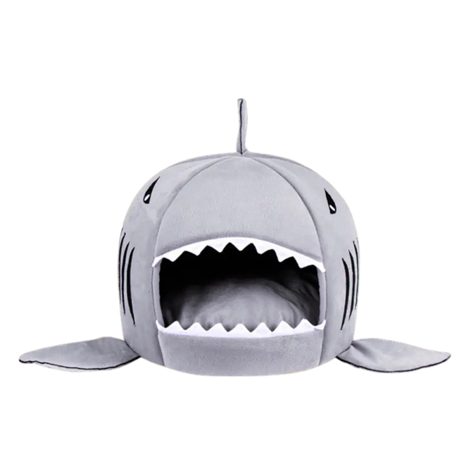Gray shark-shaped pet bed on a white background