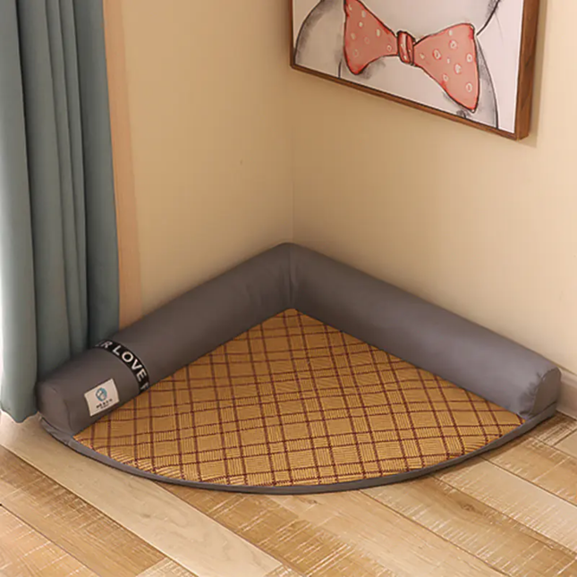 Corner pet bed with grid pattern on a wooden floor, featuring the brand 'Pet Love'.