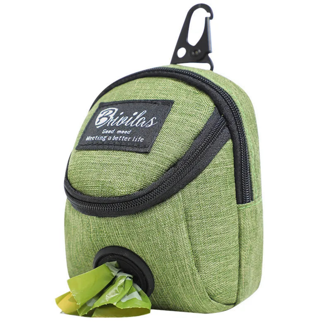 Green waste bag holder with black zipper and carabiner on a white background
