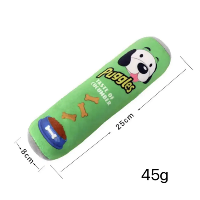 Green dog toy with cartoon dog face and measurements on a white background