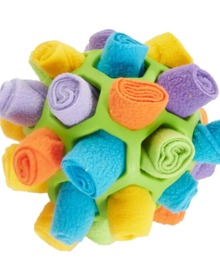 Colorful textured ball toy with soft felt pieces on a white background
