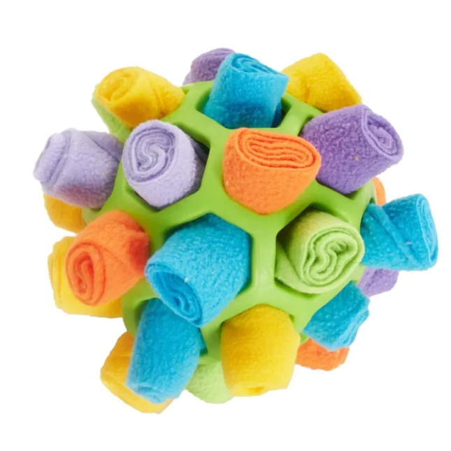 Colorful textured ball toy with soft felt pieces on a white background