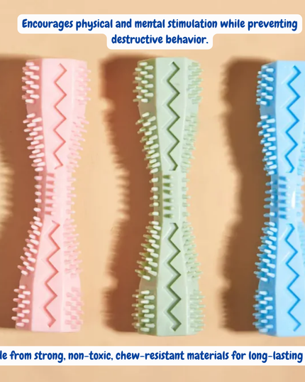 Three colorful chew toys with zigzag patterns on a beige background.