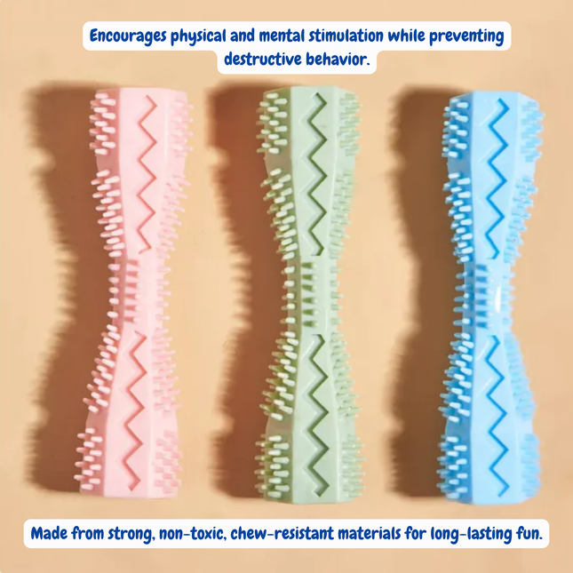 Three colorful chew toys with zigzag patterns on a beige background.