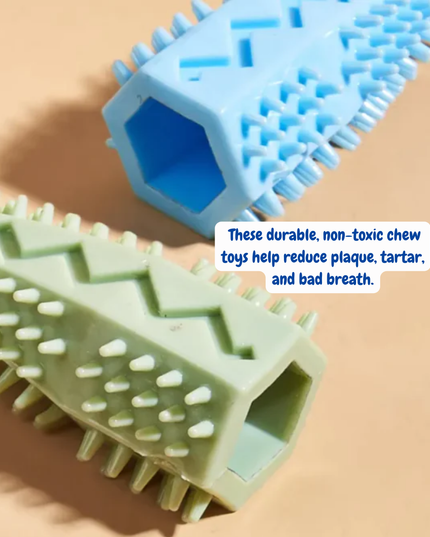 Two durable, non-toxic chew toys on a beige background with text about their benefits.