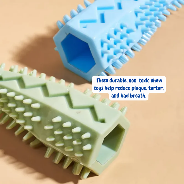 Two durable, non-toxic chew toys on a beige background with text about their benefits.