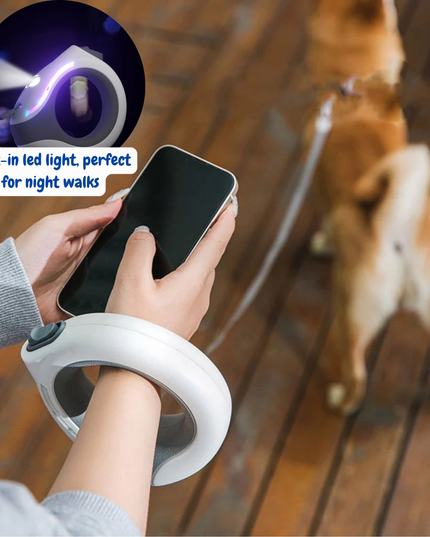 Person holding a phone with a built-in LED light, dog on a leash in the background