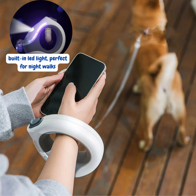 Person holding a phone with a built-in LED light, dog on a leash in the background