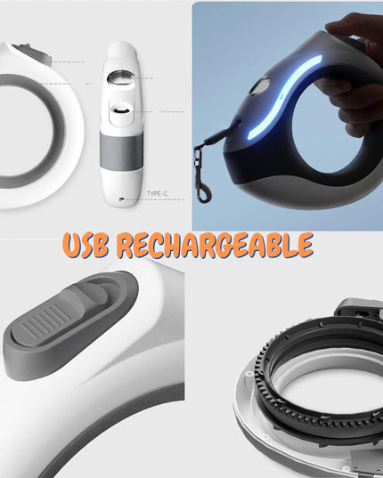 Collage of a USB rechargeable device with close-up shots and text.
