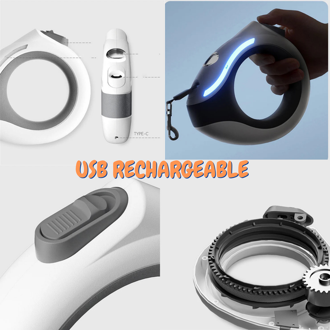 Collage of a USB rechargeable device with close-up shots and text.