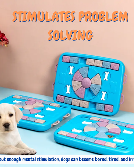 Blue puzzle toy for dogs with a puppy on a table, text about problem-solving and mental stimulation.