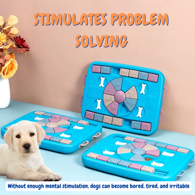 Blue puzzle toy for dogs with a puppy on a table, text about problem-solving and mental stimulation.