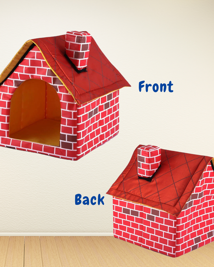 Red brick-patterned pet house shown from front and back on a light wooden floor.