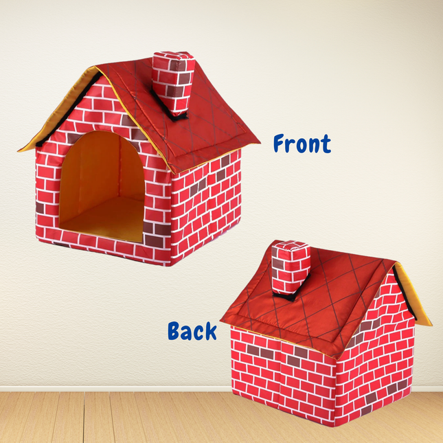 Red brick-patterned pet house shown from front and back on a light wooden floor.