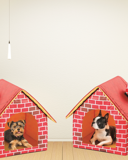 Two red brick-style pet houses with dogs inside on a light wooden floor.