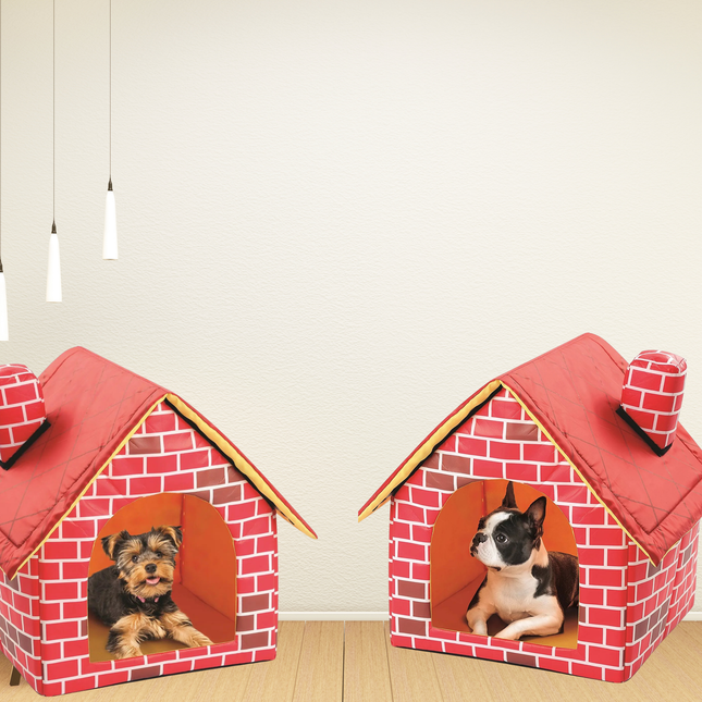 Two red brick-style pet houses with dogs inside on a light wooden floor.