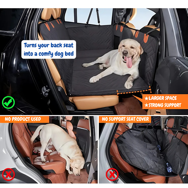 Car seat cover for pets with a dog lying on it, showing its use and benefits.