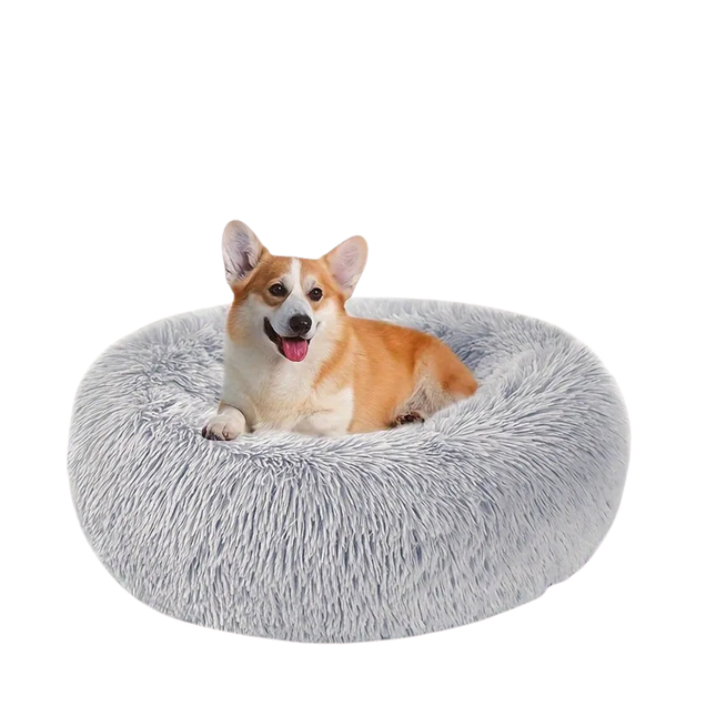 Dog lying on a fluffy gray pet bed against a white background