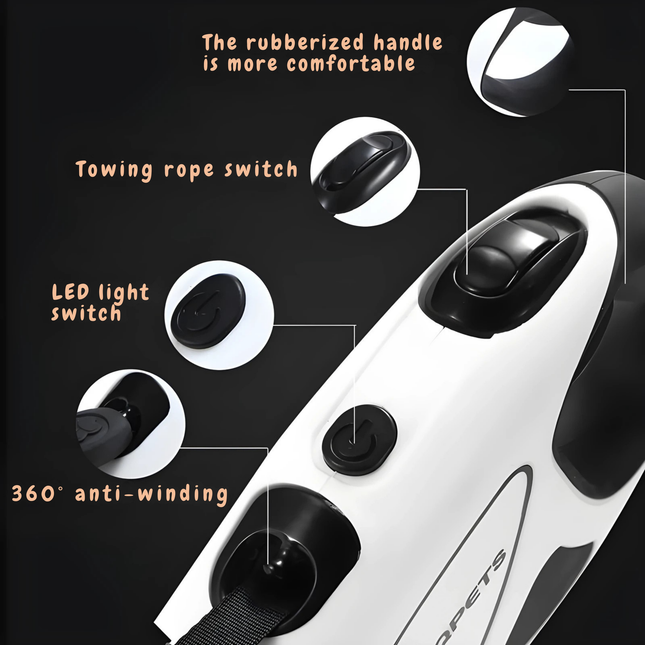 Close-up of a white and black device with switches labeled on a dark background