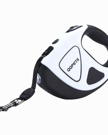 Retractable dog leash with black and white design on a white background