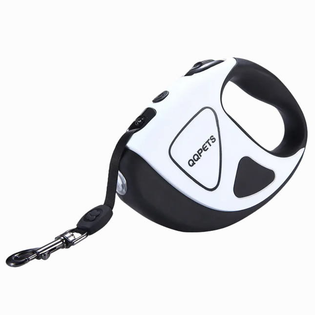 Retractable dog leash with black and white design on a white background