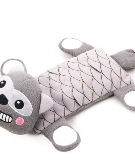 Gray and white dog toy shaped like a fish with a face on a white background