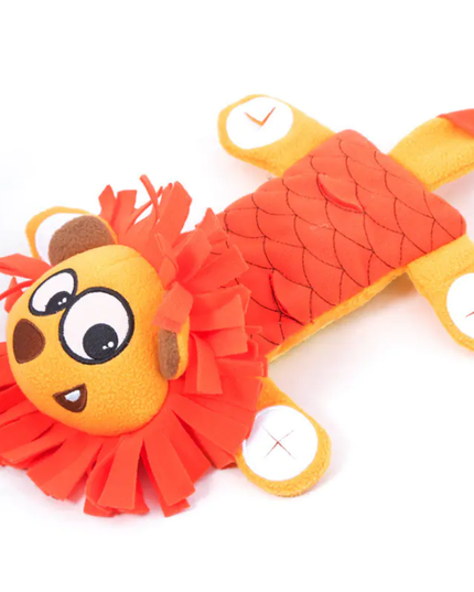 Plush lion toy with a clock on a white background