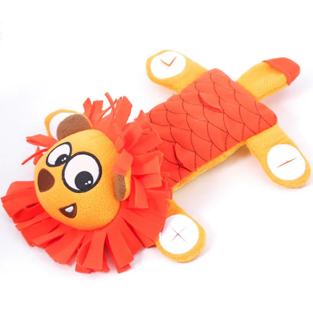 Plush lion toy with a clock on a white background