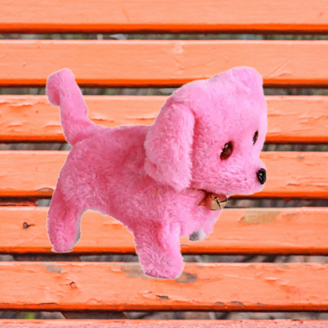 Pink plush toy dog on an orange wooden bench