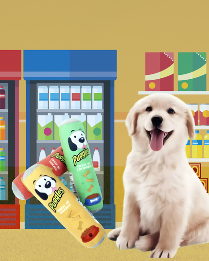 Puppy with Pupperoni products in a toy store setting