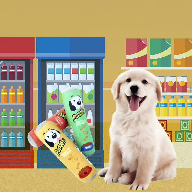 Puppy with Pupperoni products in a toy store setting