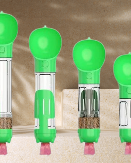 Four green bird feeders with clear bodies and pink feet on a neutral background