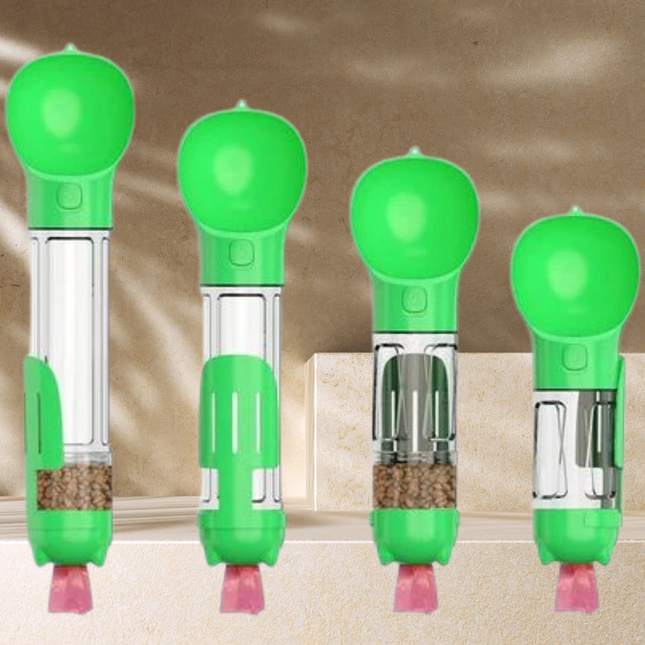 Four green bird feeders with clear bodies and pink feet on a neutral background