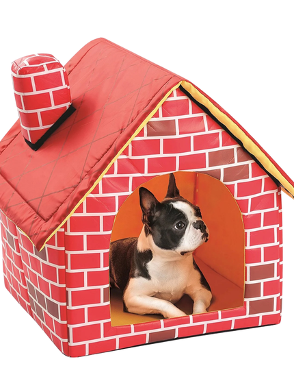 Red brick-patterned dog house with a dog peeking out on a white background