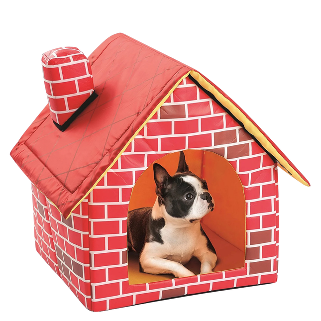 Red brick-patterned dog house with a dog peeking out on a white background